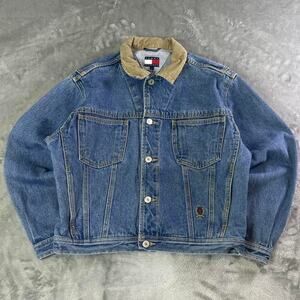 Vintage 90s Tommy Hilfiger Denim Jacket Corduroy Collar Flag Logo Size L